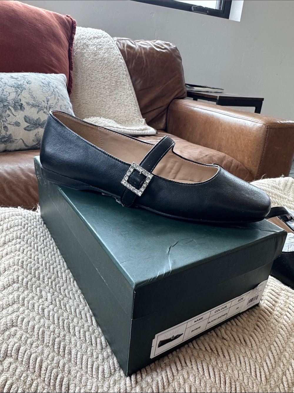 Free People Black Leather Mary Jane Flats with Rhinestone Buckle
